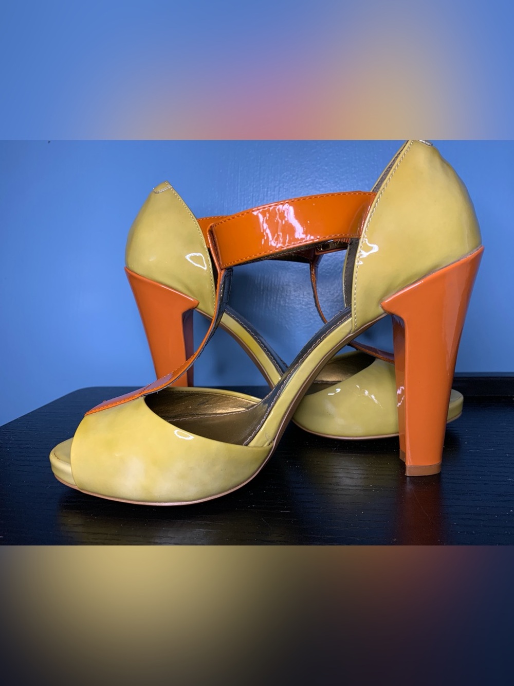 Paolo Orange and lime Patent T-Strap Heels